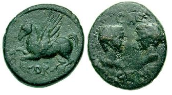 Figure 2: Pegasus, and Caligula and Tiberius Gemellus (RPC I, 1171). Bronze as, from Corinth, 35-37 CE. Obverse: flying Pegasus, with the legend COR. Reverse: Busts of Caligula and Tiberius Gemellus, face to face, with the legend CAE GEM. Reproduced with permission of www.wildwinds.com and www.cngcoins.com.